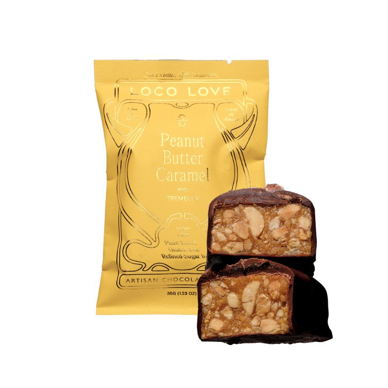 A loco love packet of vegan organic peanut butter caramel chocolate