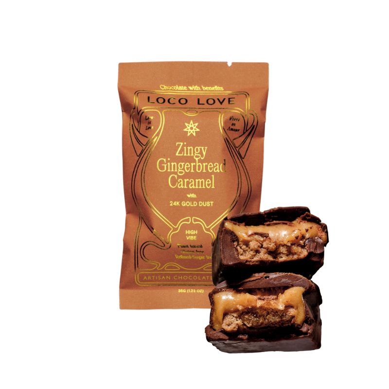 Zingy Gingerbread Caramel with 24K Gold Dust from Loco Love vegan and organic chocolate bar