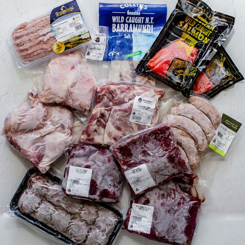 a selection of regeneratively farmed and organic meats and wild-caught seafood from spray-free farmacy