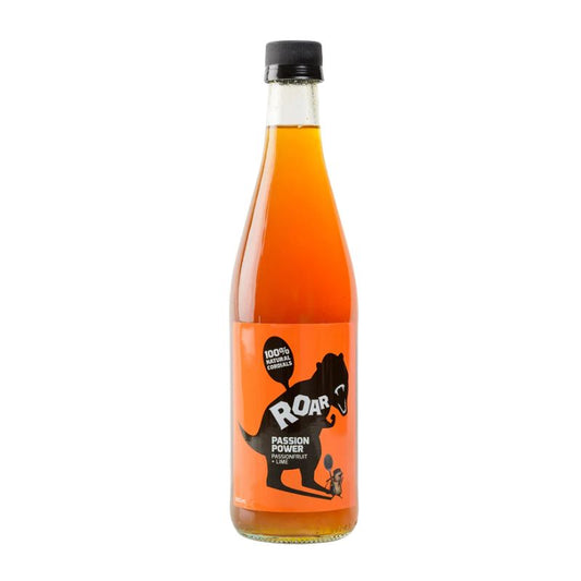 A bottle of roar 100% natural passionfruit cordial made with no nasties