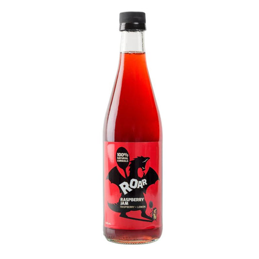 A bottle of Roar Raspberry Jam Cordial made with natural ingredients and zero additives