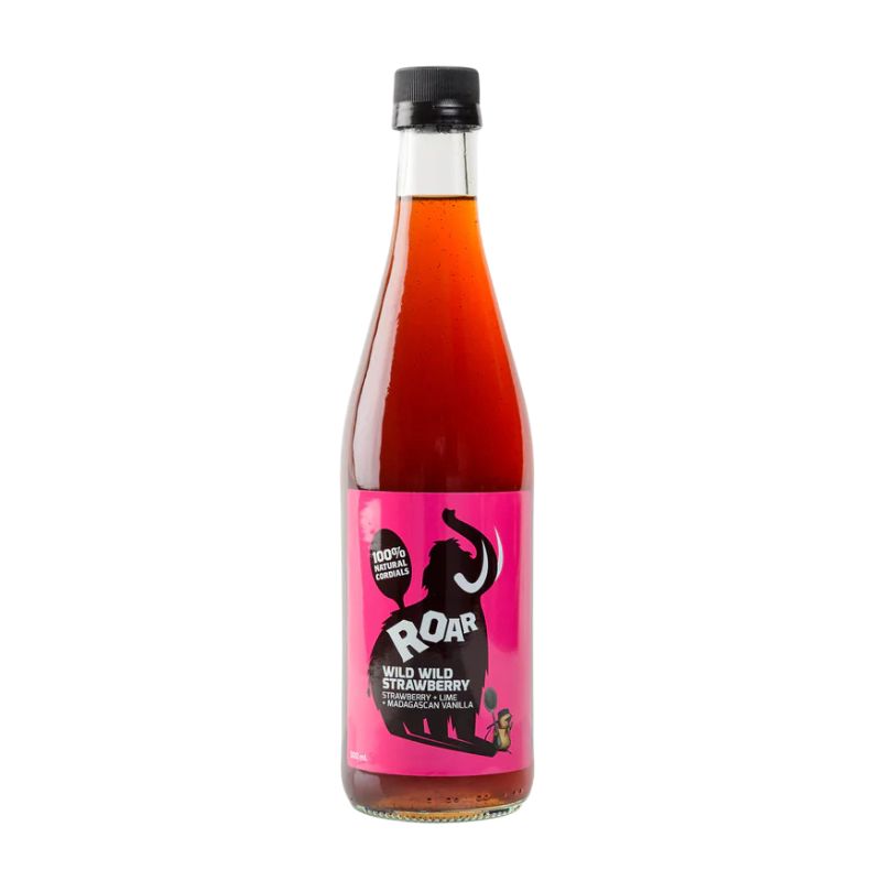 A bottle of roar wild strawberry cordial made with 100% ingredients and no nasties
