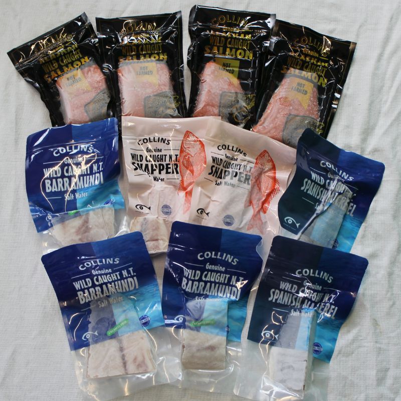 a selection of wild caught seafood and salmon